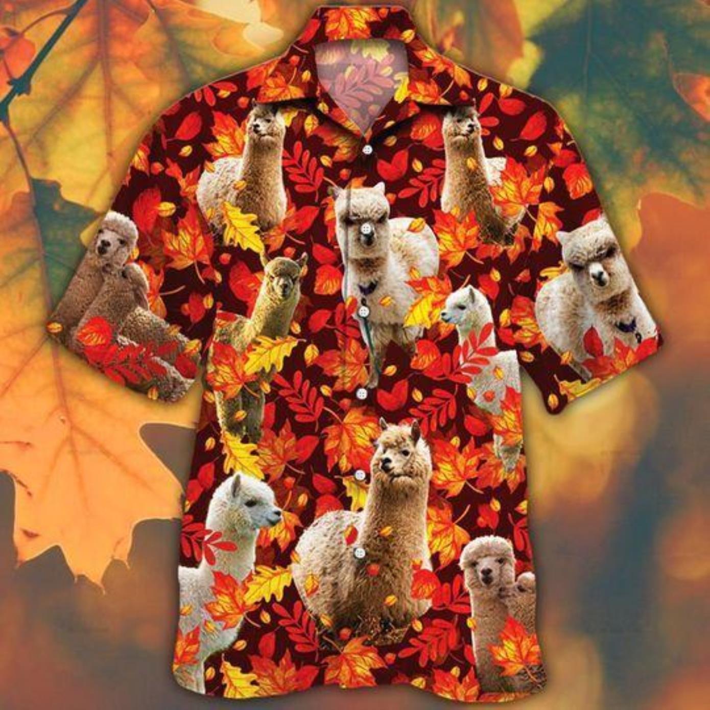 Alpaca Horse Lovers Autumn Red Leaves Hawaiian Shirt Product Photo 1