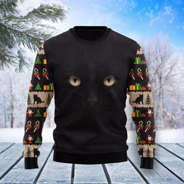 Black Cat Cute Face Ugly Christmas Sweater Product Photo 1