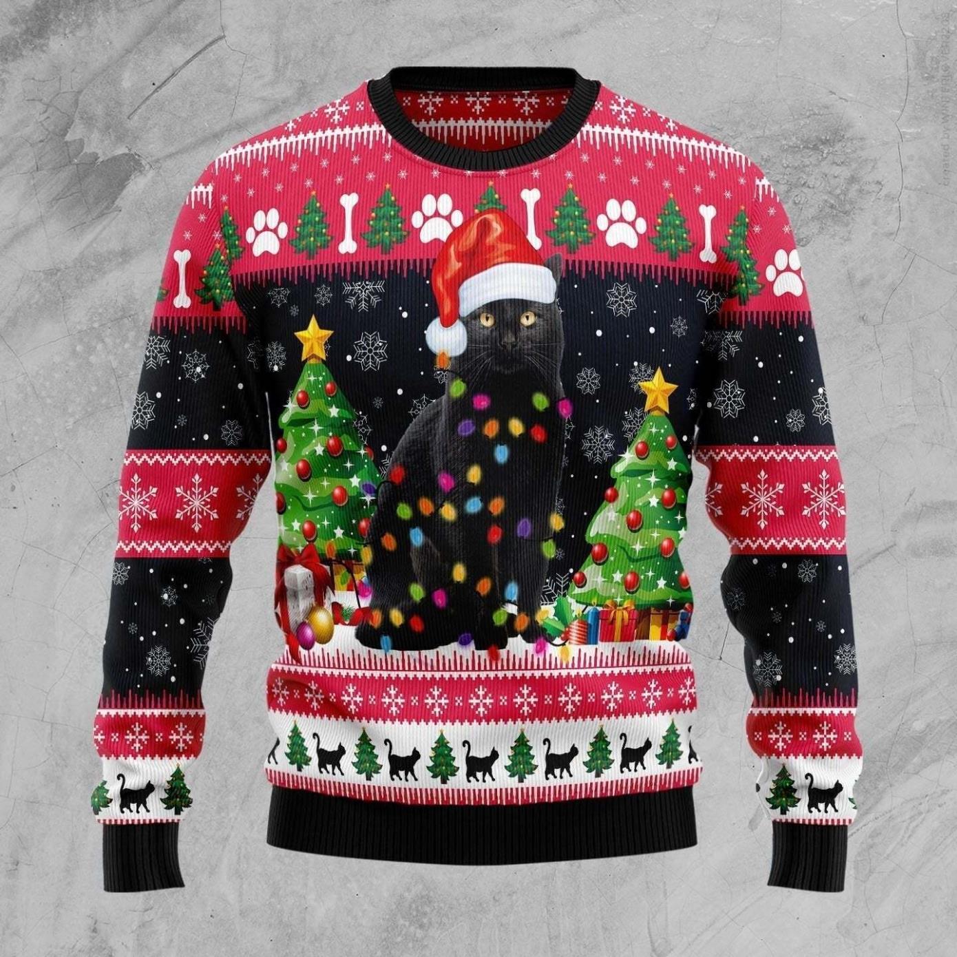 Black Cat Light Ugly Christmas Sweater Product Photo 1