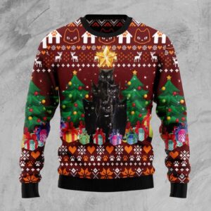 Black Cat Pine Tree Ugly Christmas Sweater Product Photo 1