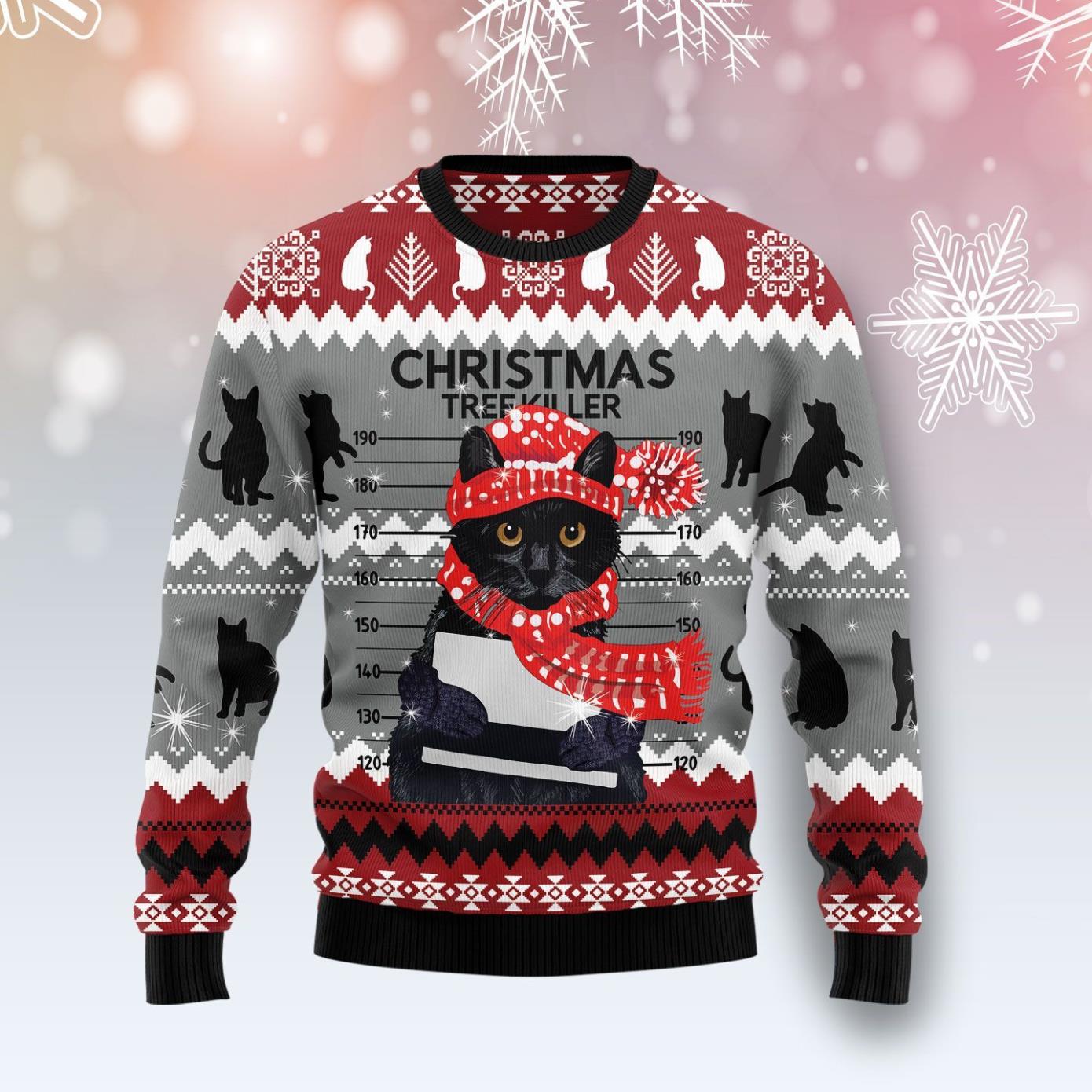 Black Cat Tree Killer Ugly Christmas Sweater Product Photo 1