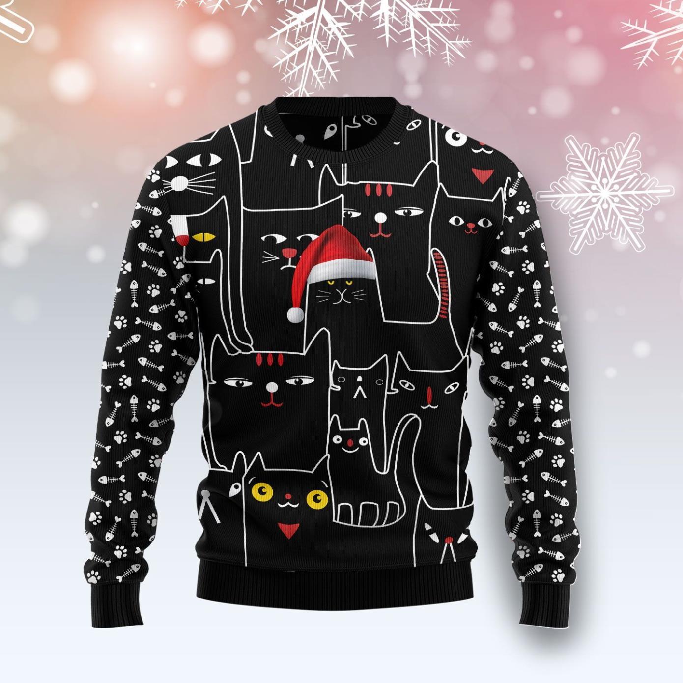 Black Cat With Noel Hat Ugly Christmas Sweater Product Photo 1