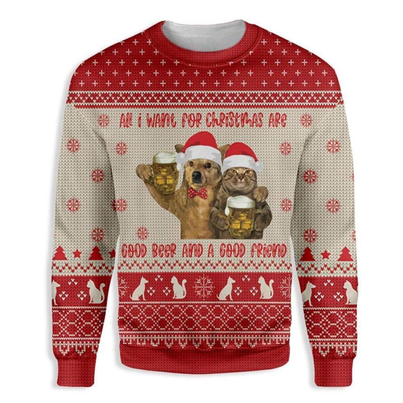 Cat All I Want For Christmas Are Good Beer And A Good Friend Ugly Christmas Sweater Product Photo 1