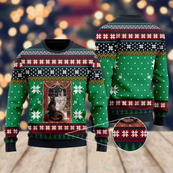 Cat Christmas Snow Window Ugly Christmas Sweater Product Photo 1