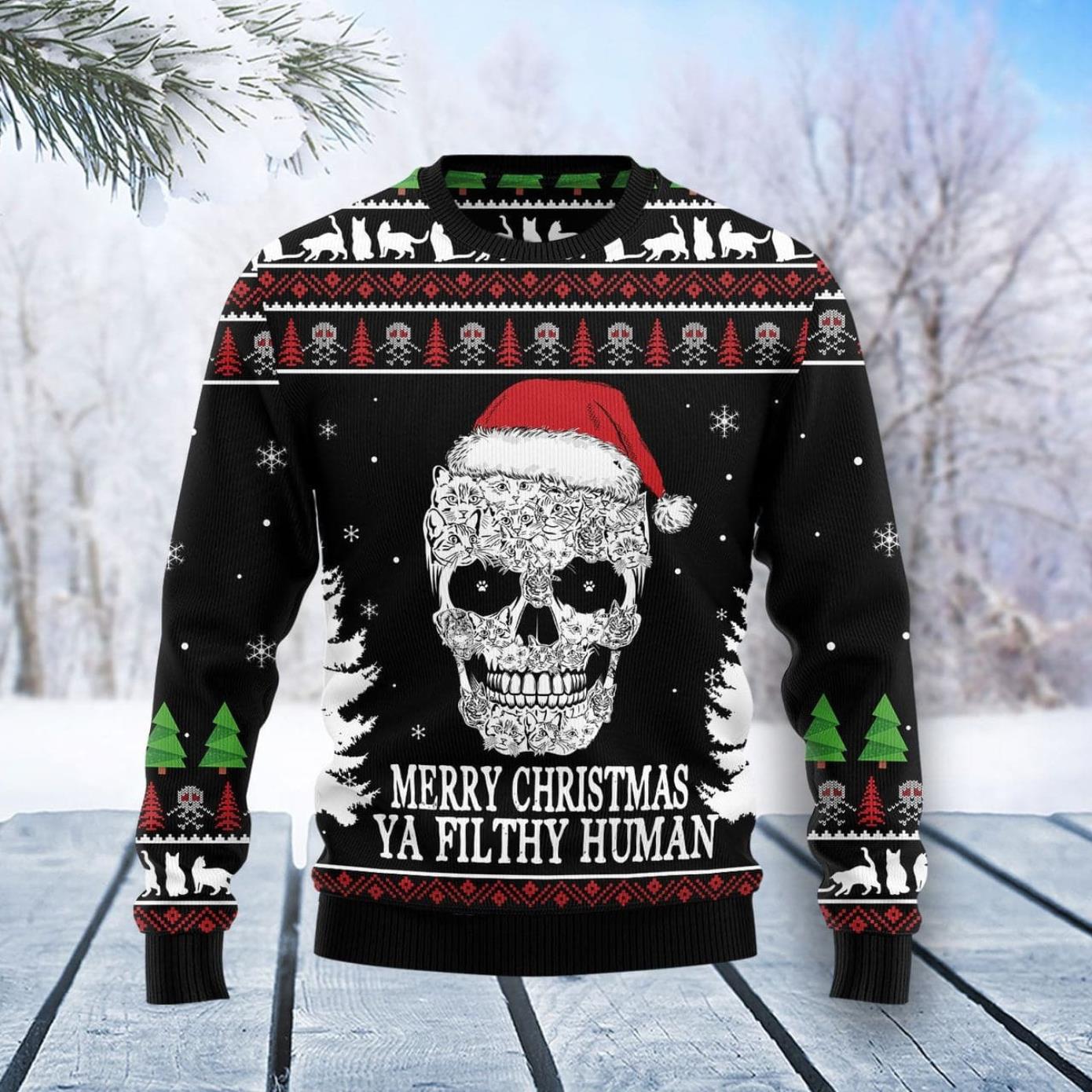 Cat Skull Santa Ugly Christmas Sweater Product Photo 1