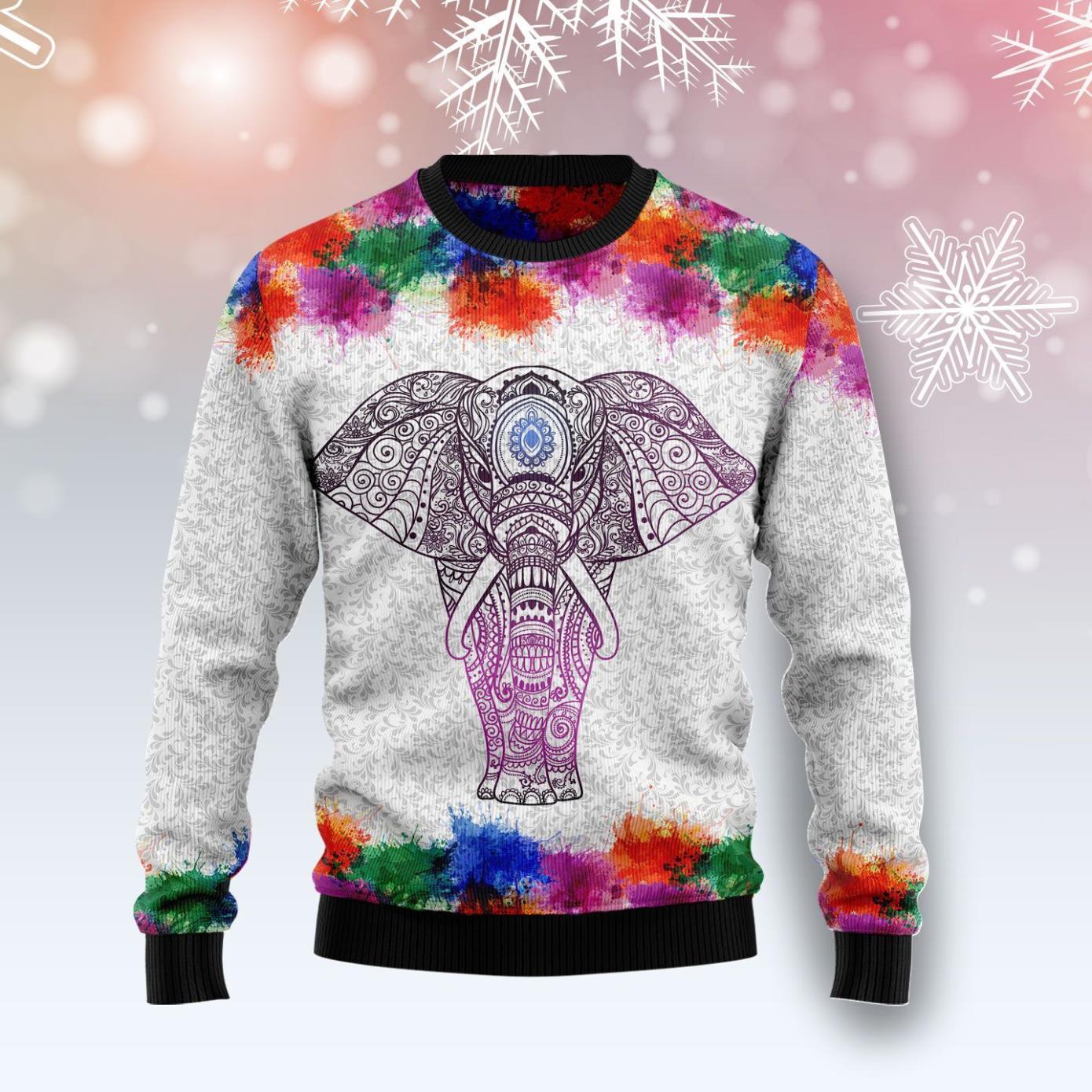 Elephant Mandala Color Ugly Christmas Sweater Product Photo 1