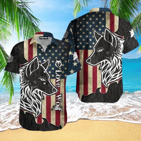 Love Wolf Black America Flag Hawaiian Shirt Product Photo 1