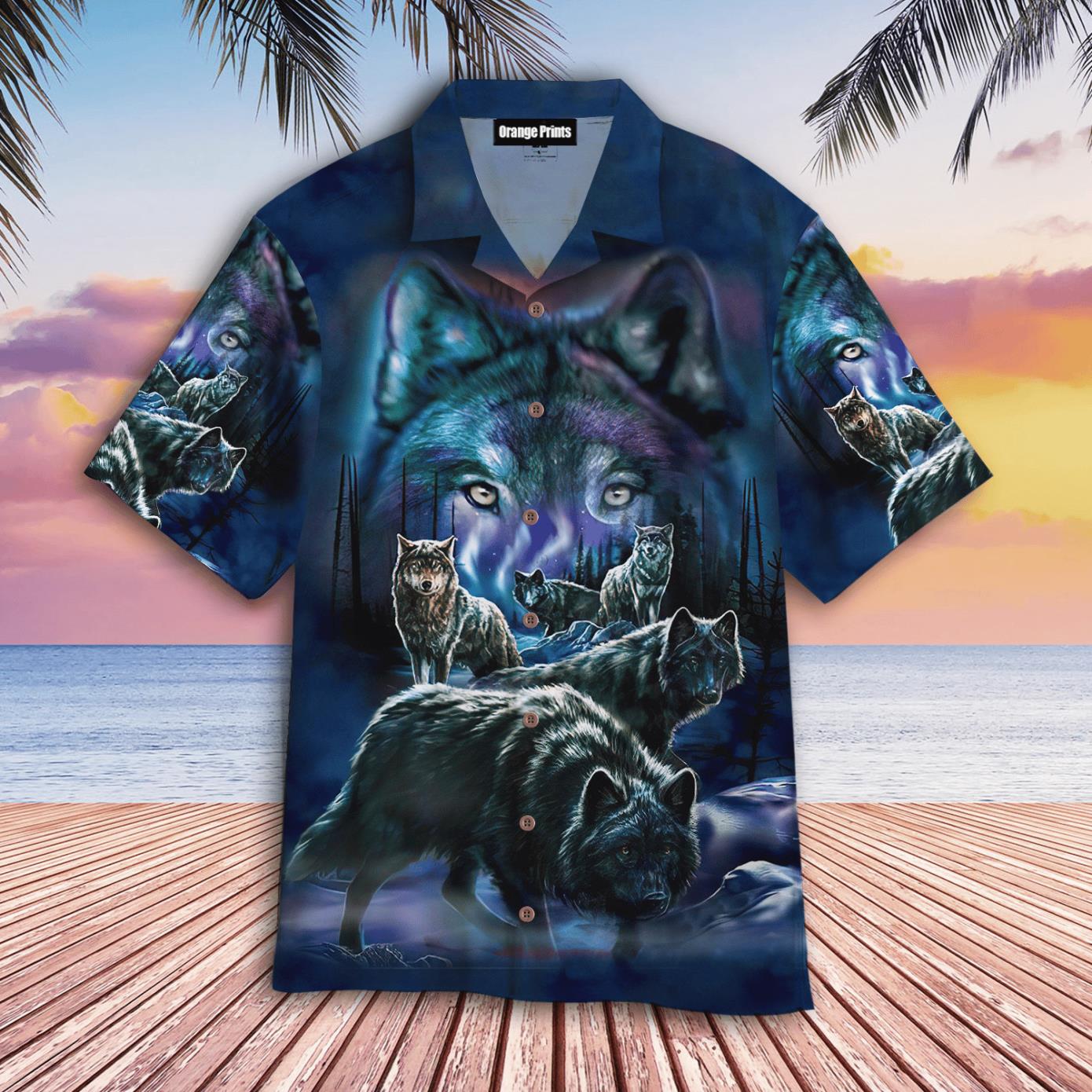 Wolf Night Forest Hawaiian Shirt Product Photo 1